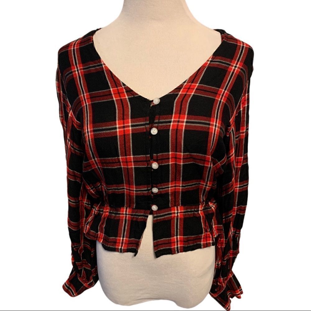 Sanctuary Jasper Red/Black Plaid Peplum Top Sz S